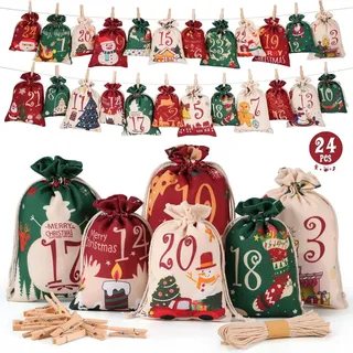 Adventskalender zum Befüllen 2024 DIY Stoffbeutel Holzklammern Hanfseil Rot Grün Beige