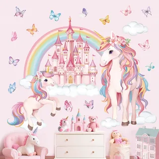 decalmile Wandsticker Regenbogen Einhorn Wandtattoo Schloss Rosa Schmetterling Wandaufkleber Mädchen Kinderzimmer Schlafzimmer Babyzimmer Wanddeko