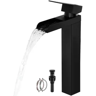 Schwarzer hoher Wasserfall-Badezimmer-Wasserhahn, Einzel-Hanlde-Schiff-Spültischarmatur mit Wasserfall-Auslauf, Badezimmer-Armaturen für 1 Loch, Wohnmobil-WC-Waschtisch-Mischbatterie mit Pop-Up-Ablauf
