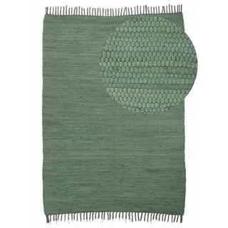 carpetfine Flickenteppich Kelim Chindi uni, grün 190x290 cm, handgewebt, | Fleckerlteppich aus Baumwolle, für Wohnzimmermit Fransen