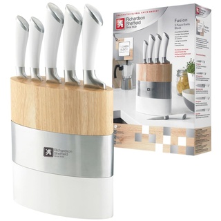 Richardson Sheffield FUSION Messerblock, Holz, inkl. 5-teiliges Messer-Set, Küchenmesser, Allzweckmesser, Kochmesser, Fleischmesser & Brotmesser, ergnomomischer Griff, edles Design, Weiß/Braun