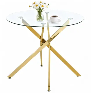 Stilvora Esstisch in Goldfarben Küchentisch mit gehärteter Glasplatte, moderner Esstisch und Couchtisch , B80/T80/H76cm , Metall , Rund,Rund , X-Form , 80x76x80 cm , Esszimmer, Esstische