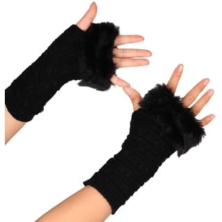 MoreChioce Kunstfell Armstulpen,Damen Winter Wärm Handschuhe Kunstpelz Handwärmer Manschetten Gestrickte Stulpen Handstulpen Armmanschette,Schwarz