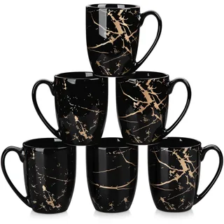 LOVECASA Keramik Kaffeetassen Set 6 Stück 330 ml – Schwarz Gold Marmor Design – Moderne Kaffeebecher für Cappuccino, Latte, Tee – Spülmaschinenfest & Mikrowellengeeignet