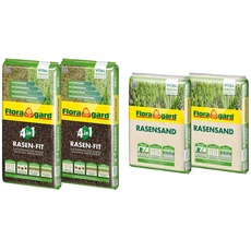 Floragard 4 in 1 Rasen-Fit 2x20 L für 20 m2 • Rasenerde • Rasensubstrat zur Neuanlage & Rasen-Sand 2x15 kg für 20 m2 • Rasenpflege • zum Lüften schwerer Böden • zum Topdressing nach dem Vertikutieren