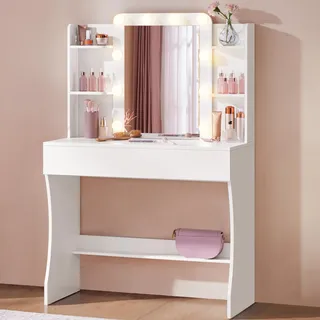 Yaheetech Schminktisch mit Beleuchtung und Spiegel, 10 LED-Lichtkugeln, 3 Einstellbaren Farben und 9 Lichtmodi, Frisiertisch mit Große Schublade, 4 Oberen Ablagen, Kosmetiktisch für Schlafzimmer, Weiß