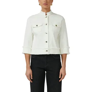 Kurzblazer S.OLIVER BLACK LABEL, Damen, Gr. 40, cream, Web, Obermaterial: 50% Baumwolle, 40% Viskose, 8% Polyester, 2% Elasthan, unifarben, lässig geschnitten hüftlang, Rundhals, leicht ausgefranste Kante, Blazer Kurzblazer, 3/4-Arm mit Fransen und goldener Knopfleiste