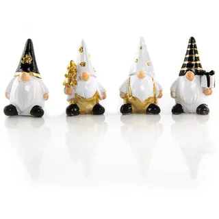 Wichtel-Figuren, 4er Set: Kleine Weihnachtswichtel Deko, Dekofiguren Weihnachten, Weihnachtsdeko Innen, Weihnachtsfiguren Klein, Weihnachtsmann Modern, Schwarz, Weiß & Gold, Winterfiguren Lustig, 4 cm