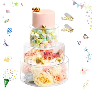 Befüllbarer Tortenständer 3 Etagen aus Acryl mit 2 LED Dekorativ, 3 Stück DIY Cake Stand, Kuchenständer, Torten Etagere, Desserttisch Displaybox für Geburtstags, Hochzeit und Feiertagsfeiern