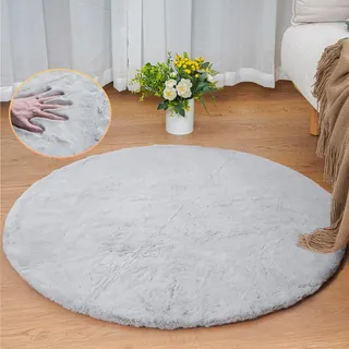 ORINOVA Runder Teppich Grau Flauschig Fellteppich 90 cm Kunstfell Teppich Schlafzimmer Rund Wohnzimmer Waschbar Bettvorleger
