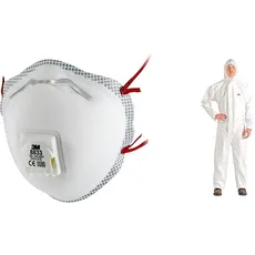 3M Atemschutzmaske 8833, FFP3-Feinstaub-Maske mit Ventil für reduzierte Wärmebildung, 10 Stück & 4510XL Schutzanzug, Typ 5/6, Größe XL, Weiss