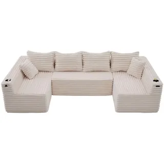 Oxeza Wohnlandschaft 320/155/88 cm Beige mit Getränkehalter und Seitentasche , Textil , Mode , Rechteckig , 320x88x155 cm , Wohnzimmer, Sofas & Couches, Wohnlandschaften, Wohnlandschaften in U-Form