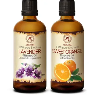 Ätherische Öle Set 2x100ml - Ätherisches Lavendelöl und Orangenöl - Aromatherapie GeschenkSet für Diffuser - Öle für Diffusers und Seifenherstellung - Öle für Kerzen und Romantik - Duftlampe