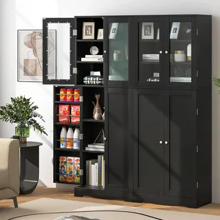 COSTWAY Küchenschrank mit Glastüren & Kippschutz, Hochschrank , Küchenbuffet freistehend, Mehrzweckschrank Holz, 1 St. Schwarz 60x31,5x161,5cm - Schwarz