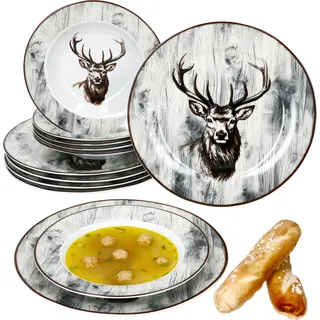 12tlg Tafelservice Alois Porzellan 6 Personen Speiseteller Suppenteller Hirsch