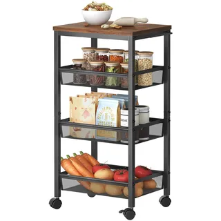 Relaxdays Nischenwagen, HxBxT: 77x22x45 cm, schmales Nischenregal Bad & Küche, 4 Ebenen, Rollregal Metall, braun/schwarz