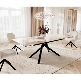 DELIFE Esstisch Edge 180-220x100 Keramik Minas Melange Weiß-Beige Kreuzgestell Rechteck Schwarz ausziehbar - Beige, Weiß