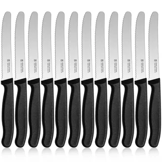 targzier Frühstücksmesser 12 Stück,Wellenschliff,Schwarzes Jausenmesser | Spülmaschinenfest Tafelmesser,Edelstahl Klinge 11cm,Polypropylen Griffe Brotzeitmesser Klein,Scharfe Messer Set