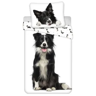 Jerry Fabrics Hunde Bettwäsche Set Border Collie Bettbezug 140 x 200 + Kopfkissen 70 x 90 cm ÖKO-TEX Bettwäsche-Set 100% Baumwolle mit Reißverschluss, reversibel