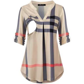 Qnursma Quinee Still-Oberteile zum Stillen Umstandsmode 3/4 Rollärmel Stillshirts für Damen, Beige kariert, Mittel