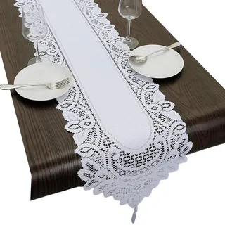 mookaitedecor Blumenmuster Spitze Tischläufer mit Fransen Deckchen Modern | Weiß Spitzenstoff Rolle Tischdecke Leicht Pflegende Tischdecken, Waschbar Fleckenabweisend Spitzenfeckchen Deko 33 x 180 cm