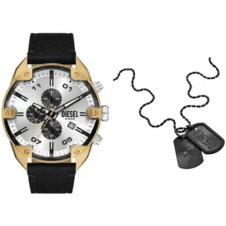 Diesel Herren Spiked Schwarze Lederuhr und Font Halskette aus Edelstahl, Set