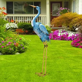 Yeomoo Metall Vogel Kranich Reiher Skulptur Gartendeko für Draußen: Blau Stehend Vogel Deko Wohnzimmer Figuren Geschenke für Frauen/Männer/Mama Deko Garten Balkon Zimmer Vogelabwehr Dekoration 96CM