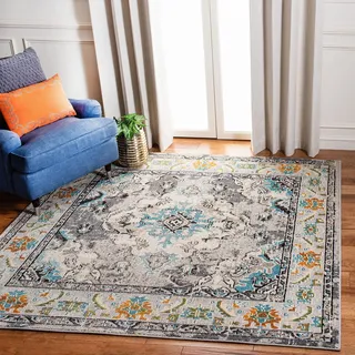 SAFAVIEH Boho Teppich für Wohnzimmer, Esszimmer, Schlafzimmer - Monaco Collection, Kurzer Flor, Grau und Hellblau, 120 x 120 cm