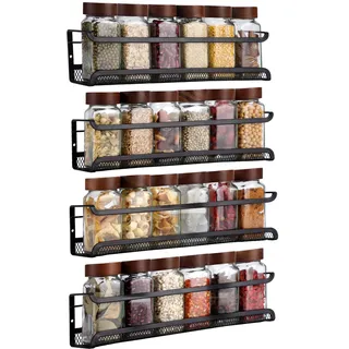 Manfâ Gewürzregal 4er Set Schwarz - Metall Spice Rack mit Netz-Einsatz - Ohne Bohren (Klebepad & Schrauben) - Für Küche, Schranktür, Bad - 29x7x7cm - Rostfrei & Stylisch