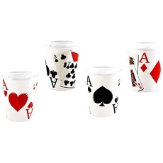 Spiel 4 Gläser Schnapsglas 6Cm. Weiß-Dekor Und Poker-Karten-Deck