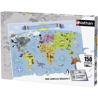 Nathan - Kinderpuzzle - 150 Teile - Weltkarte - Mädchen oder Jungen ab 7 Jahren - Hochwertiges Puzzle - Dicker und strapazierfähiger Karton - Kartographie - 86806