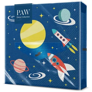 PAW - Servietten 3-lagig (33 x 33 cm) I 20 Stück I Perfekt für Kindergeburtstage, Partys, Kommunion und Feiern I Papierservietten Bunt mit Party Motiv I Kosmos, Rakete, Planeten, Granate - Space
