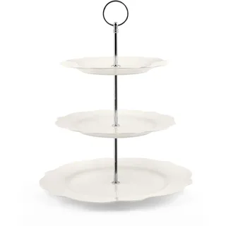 H&H Etagere 3-stöckig – Elfenbeinfarben mit dekoriertem Rand – Ø 27/21/19 cm – Höhe 34 cm – New Bone China – Mit verchromtem Griff