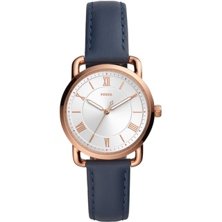 Fossil Damenuhr Copeland, Quarzwerk, 34mm Rose Gold Edelstahlgehäuse mit Lederarmband, ES4824, Blau