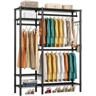 KZOBYD Kleiderständer, Freistehender Kleiderstange mit Regal Metall Garderobe mit Aufhängestangen Schwarz Kleiderschrank offen mit 4 verstellbaren Regalen für Mäntel Kleider Schuhe