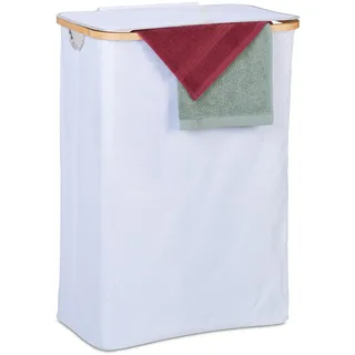 Relaxdays Wäschekorb mit Deckel, 105 l, Wäschesammler, Bambus , Polyester, faltbar, tragbar, Wäschekiste, weiß/Natur