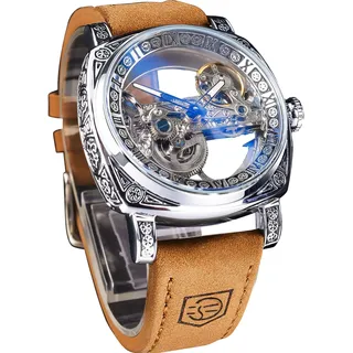 FORSINING Fancy Uhren für Männer, quadratische Retro mechanische Uhr Self-Wind geschnitzt, Gear Uhrwerk Golden Skelett Luxus Automatische Uhren Vintage Lederarmband Armbanduhr (Silver)
