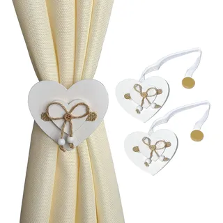 GIRASOLE HOME 2 weiße magnetische Raffhalter aus Holz in Herzform im Shabby-Chic-Stil, 2 Stück mit Organza-Schnur, für Vorhänge und leichte Vorhänge (Herz, Weiß)