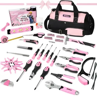 SHALL Rosa Werkzeug Set, 246-teiliges Damen Basic Tool Kit für Haus mit 14" Wide Mouth Open Tool Bag, General Haushalt Hand Tool Set