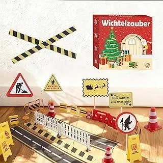 Joxessaien Wichtel Baustelle Set – 1:12 Miniatur Wichtel Zubehör & Puppenhaus – Baustellenzubehör mit Verkehrszeichen, Werkzeuge, Baumaschinen und Wichteltür-Accessoires