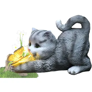 Tuzsocr Solar Katze Gartenfigur mit Schmetterling LED, Kunstharz, Stil 1