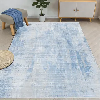 WUTONG Waschbarer Teppich Wohnzimmer 120X160CM,Abstrakt Blau Teppich Schlafzimmer Kurzflor,Weiche Kunstwolle Bettvorleger für Kinderzimmer,Jugendzimmer,rutschfest