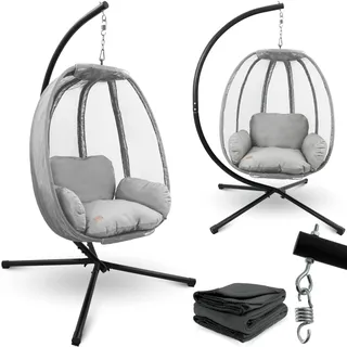 deluxe4home® Hängesessel mit Gestell Hellgrau I Hängekorb mit Kissen & Kuscheldecke I Hängeschaukel Sessel Indoor & Outdoor I Terrassenschaukel
