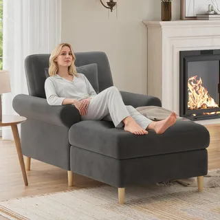 okwish Klappbarer Schlafsessel Loungesessel mit Rückenlehne,Relaxsessel mit Armlehnen,Sitzsack Lesesessel Polstersessel aus Samtstoff,Grau - Grau