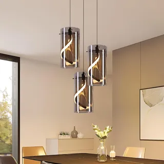 ZMH LED Pendelleuchte Esstisch Hängelampe Hängeleuchte Glas 3 Flammig 23W Rund Rauchgrau Pendellampe Esstischlampe Höhenverstellbar 3000K Flurlampe