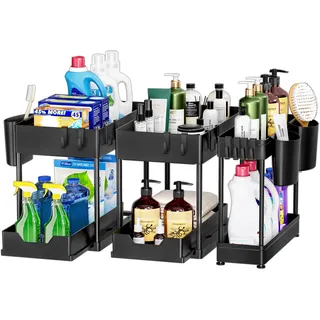 Puricon 3 Stück Ausziehbar Unter Waschbecken Regal, 2 Etagen Standregal Küche Arbeitsplatte Regal Organizer, Mehrfunktional Storage Rack Küchenregal Unterschrankregal Spülschrankregal -Schwarz
