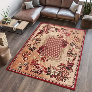 TAPISO Atlas Teppich Kurzflor Floral Blumen Beige Rot Creme Meliert Bordüre Schlafzimmer Wohnzimmer Vintage Modern ÖKOTEX 250 x 300 cm