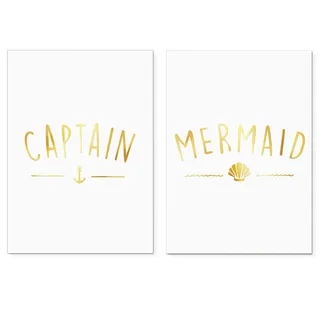 Homelov Premium Poster Set | 2 x DIN A3 – 30x40 cm | 100% Holzfreies Papier & Hochwertiger Kunstdruck | Kostenlose Wallpaper & Aufkleber | » Captain Mermaid Real Gold Set «