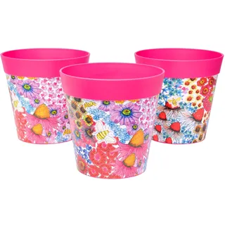 Hum Flowerpots, 25 cm Set mit 3 Stück, Kunststoff-Pflanztöpfe für Drinnen und Draußen, rosa Blumen und Biene