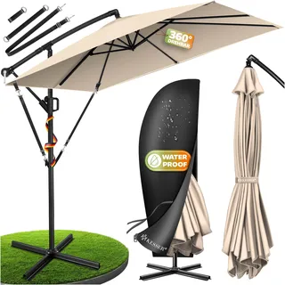 KESSER® Ampelschirm Holly Sonnenschirm Rechteckig mit und ohne LED Solar inkl. Abdeckung + Windsicherung mit Kurbel | Kurbel-Schirm mit Ständer UV-Schutz Aluminium Wasserabweisend Ø350cm Gartenschirm - Beige